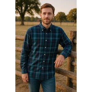 Steeplechase Mens Sz 3X Blue Green Plaid Button Up Shirt Vintage